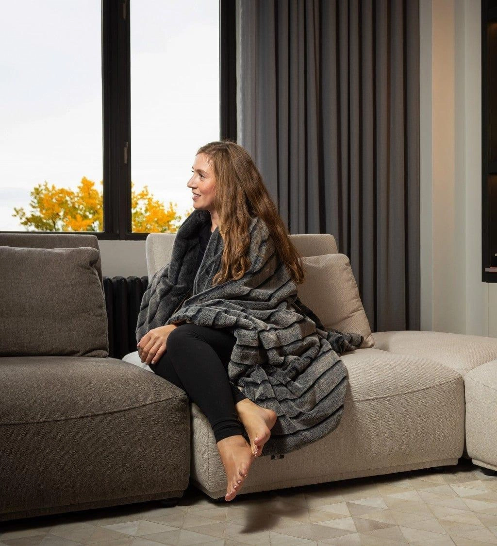 Luxe Gray Stripe Faux Fur Blanket