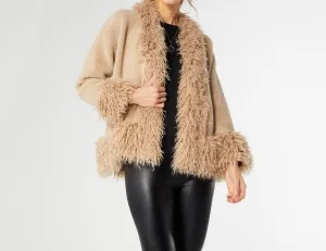 Marley Cardigan With Shaggy Faux Fur Trim In Taupe