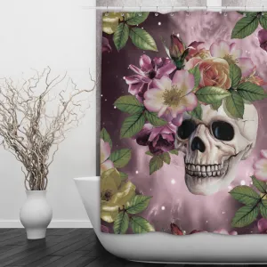 Maroon Watercolor Galaxy Floral Skull Shower Curtains and Optional Bath Mats Lighting,Lamps Fixtures