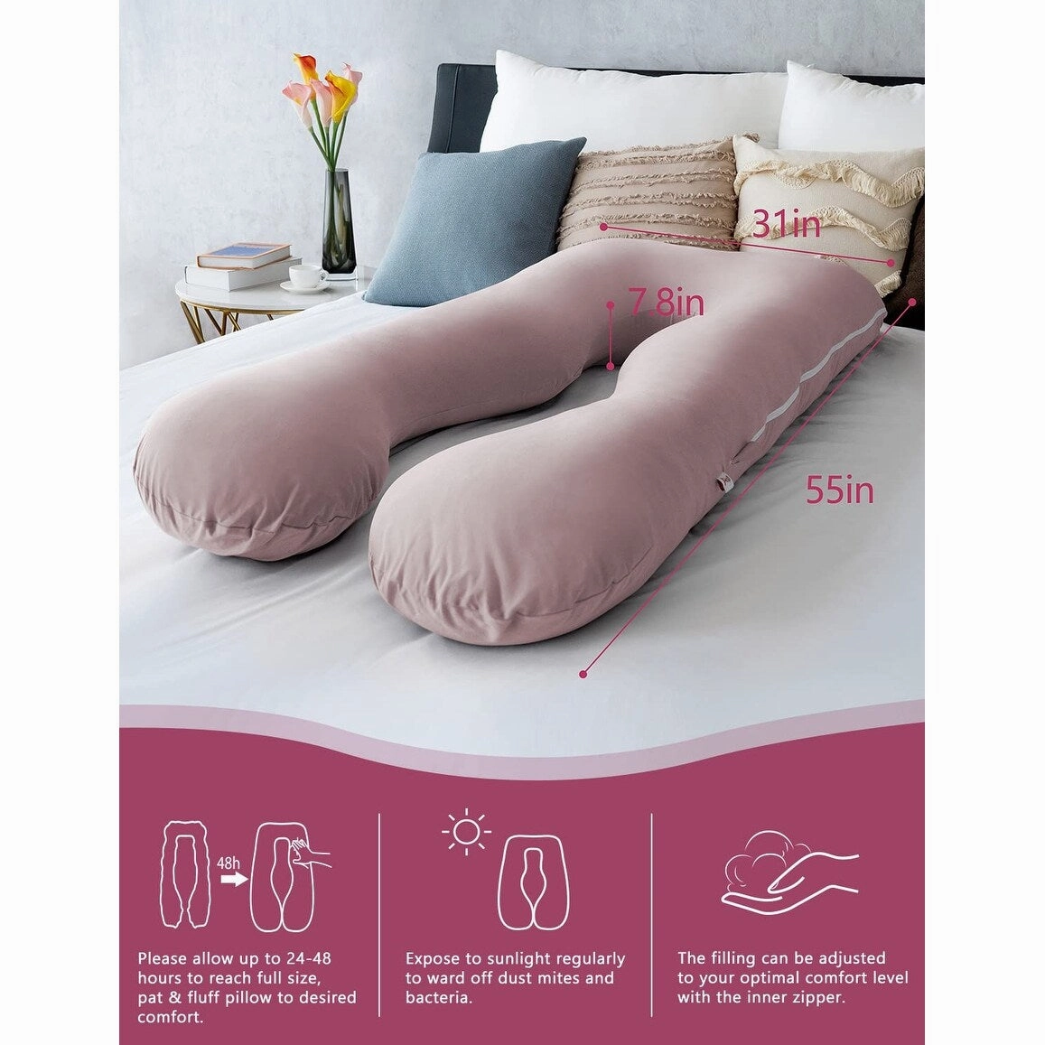 Maternity Pillow, Cooling Pregnancy Pillows Maternity Body Pillow with Purple Jersey Double Zipper Removable 55inches