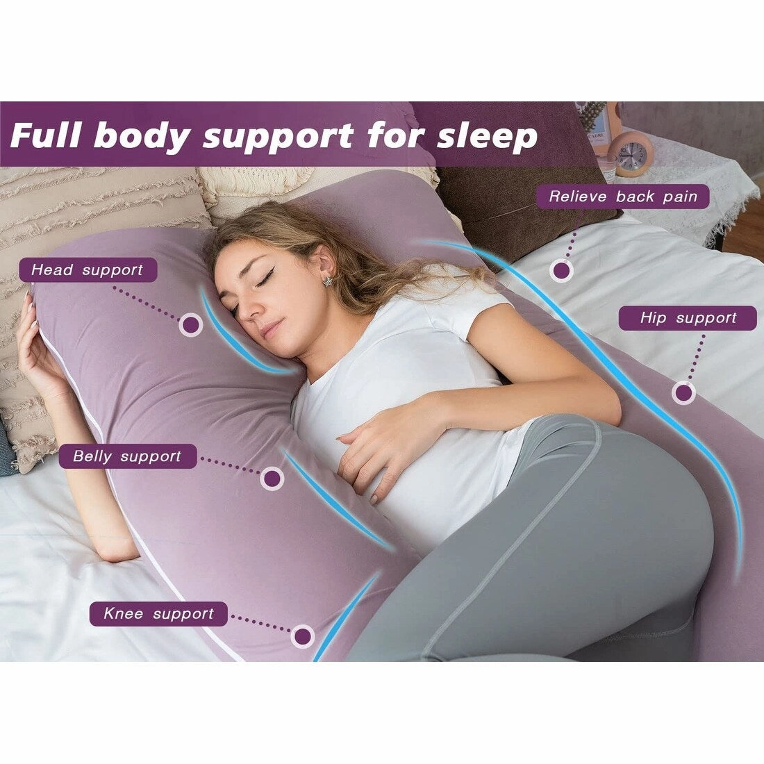 Maternity Pillow, Cooling Pregnancy Pillows Maternity Body Pillow with Purple Jersey Double Zipper Removable 55inches
