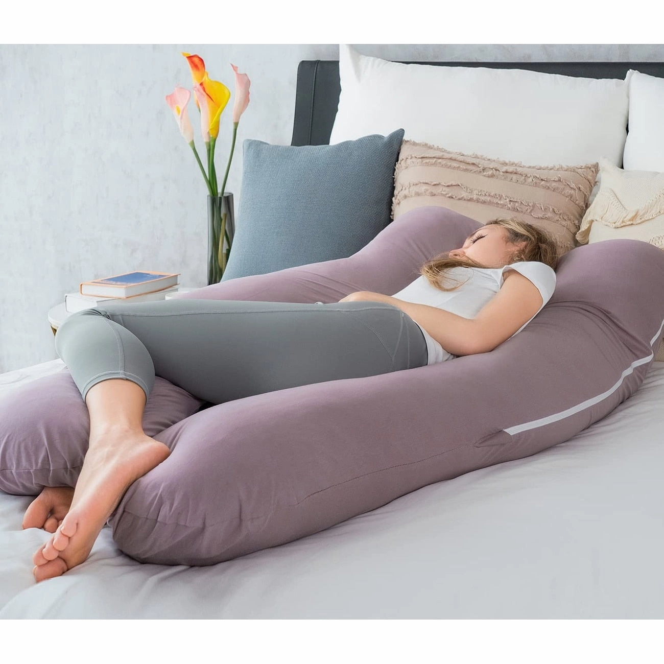 Maternity Pillow, Cooling Pregnancy Pillows Maternity Body Pillow with Purple Jersey Double Zipper Removable 55inches