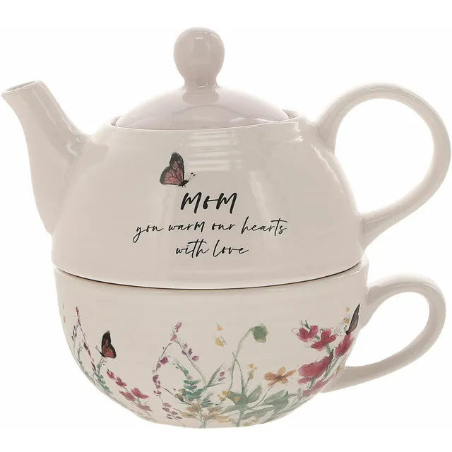 Meadows of Joy Butterfly Floral Tea for One 14.5 oz Teapot and 10 oz. Cup Mom You Warm Our Hearts with Love Decorative Mirror,Home Decor Mirror