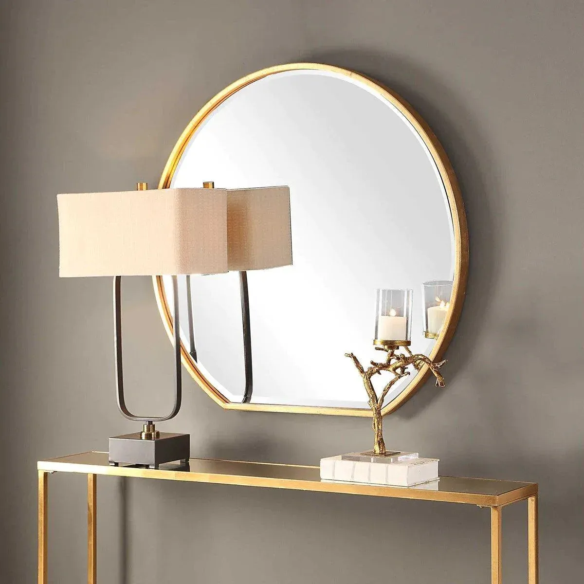 Metallic Gold Leaf Framed Circular Wall Mirror