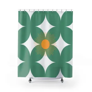 Mid Century, Boho Shower Curtain | Geometric Sage Green White, Orange Sun Lighting,Home Lighting