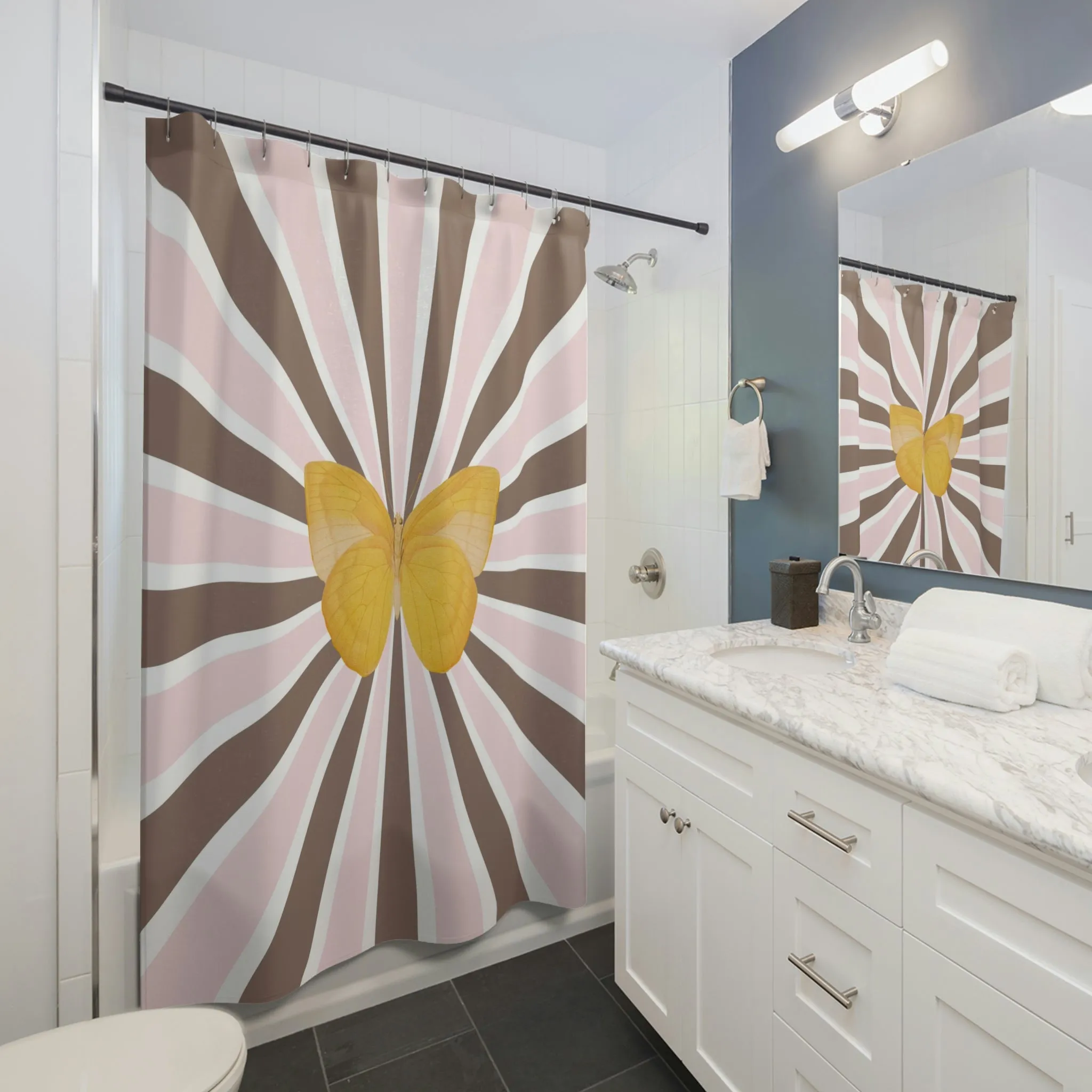 Mid Century Shower Curtain | Blush Pink, Taupe Brown, Yellow Butterfly