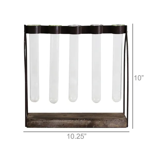 Mirabelle Quintuple Tube Vase, Wood, Iron & Glass