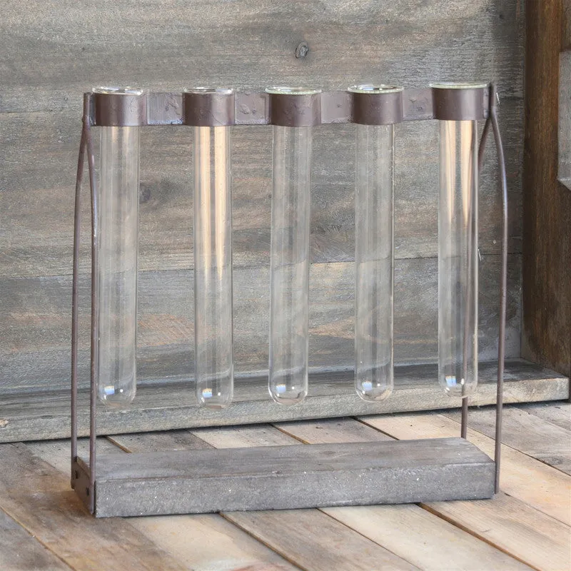 Mirabelle Quintuple Tube Vase, Wood, Iron & Glass