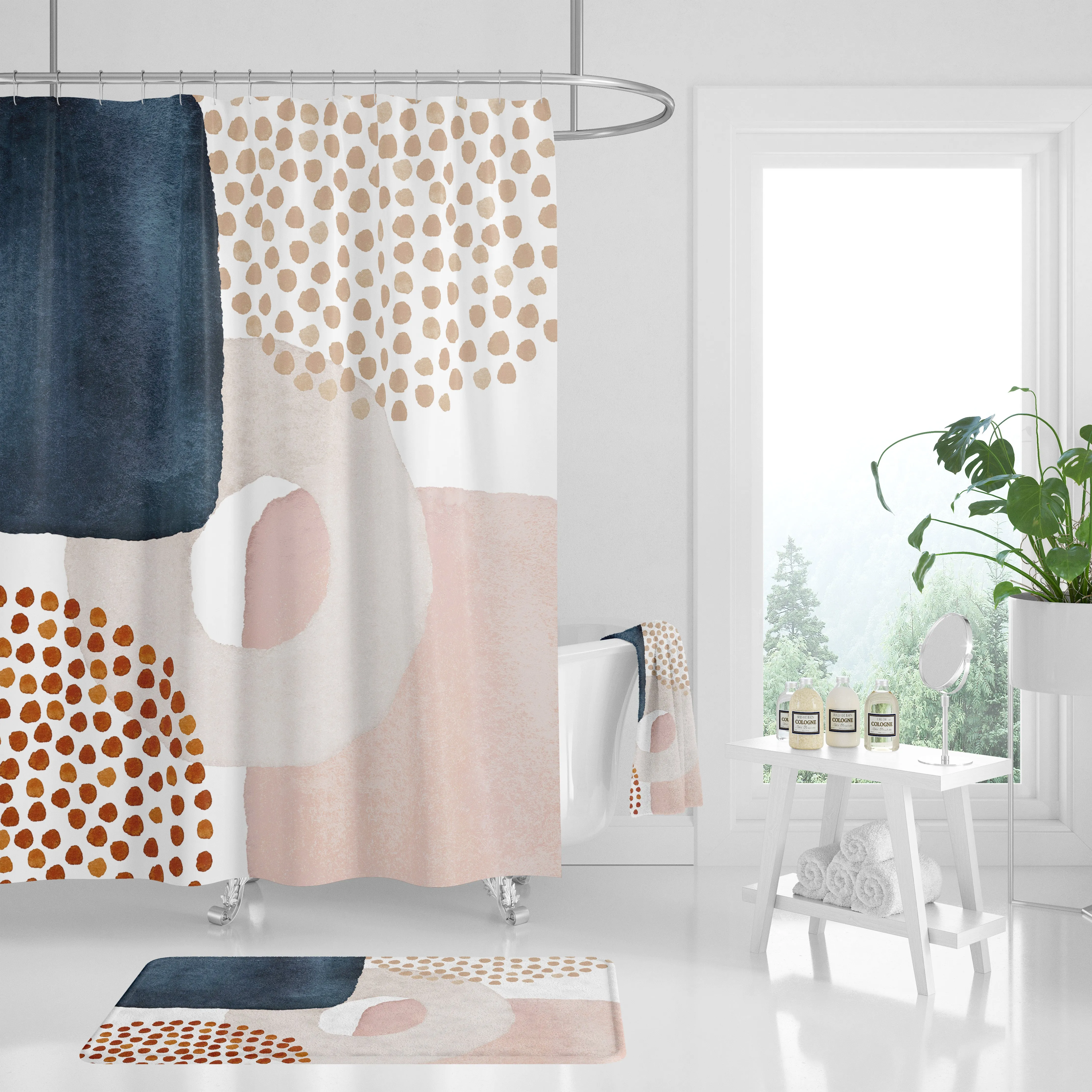 Modern Abstract Art Shower Curtain | Colorful Rust, Blush Pink, Navy Blue White