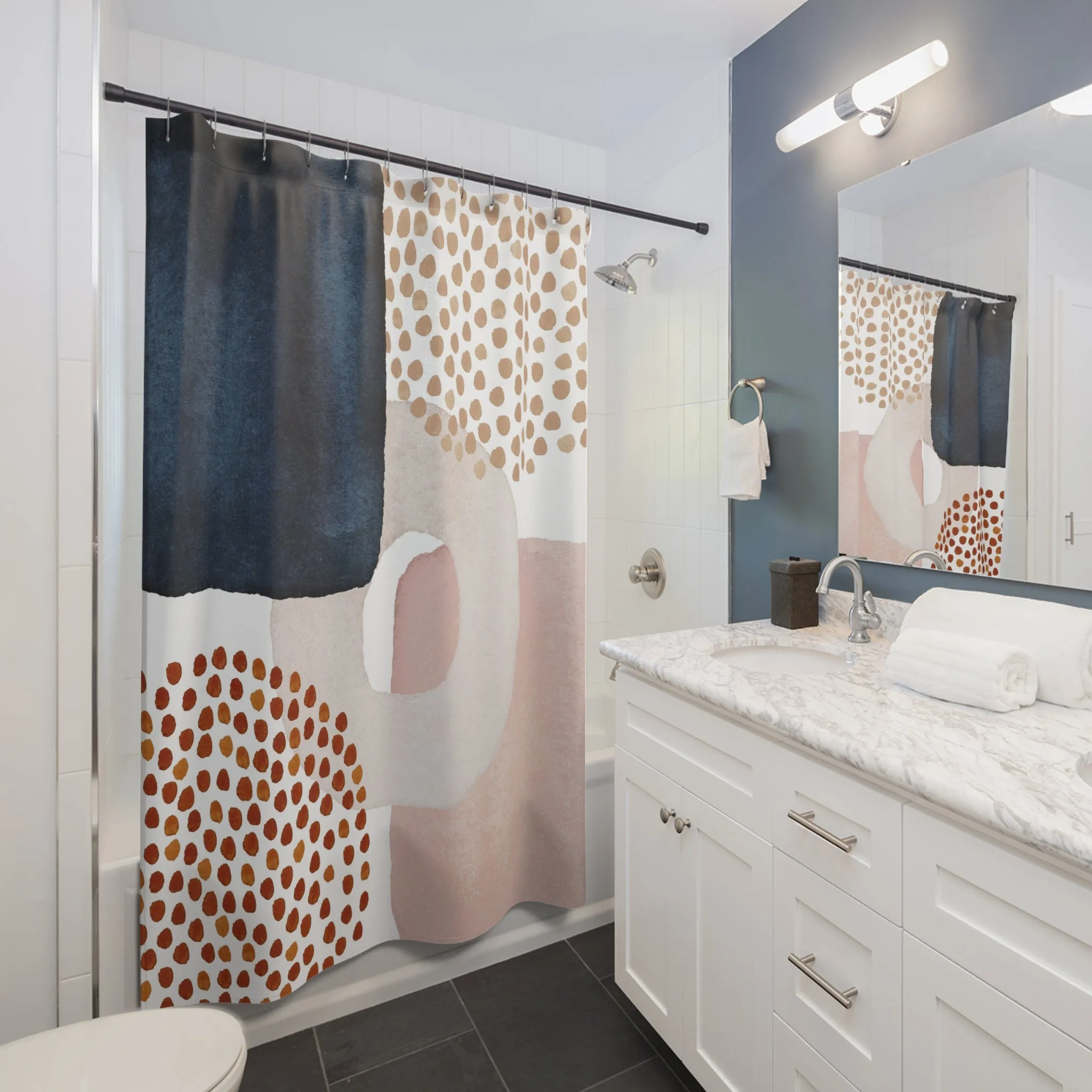 Modern Abstract Art Shower Curtain | Colorful Rust, Blush Pink, Navy Blue White