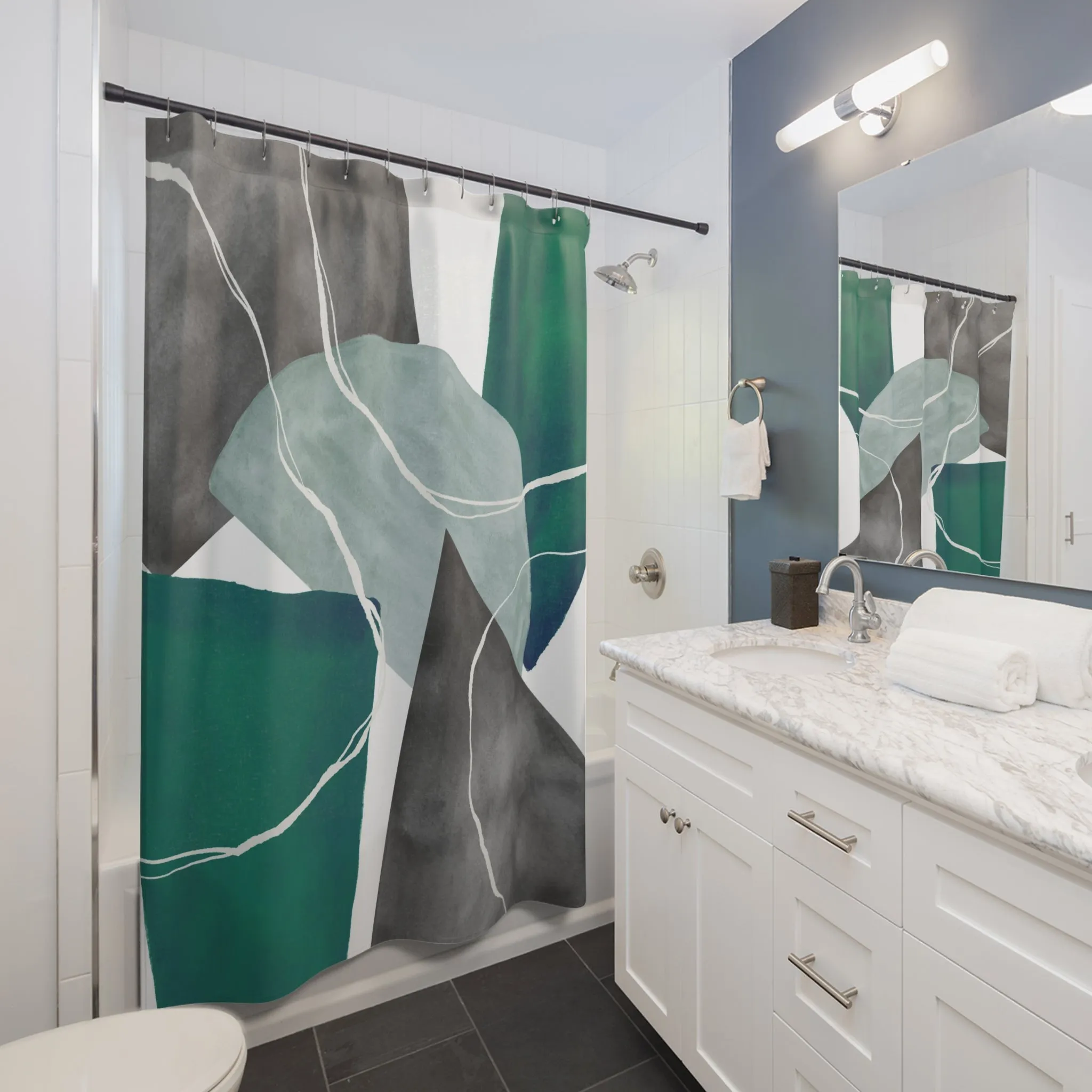 Modern Abstract Art Shower Curtain | Colorful Sea Green, Light Blue Grey White