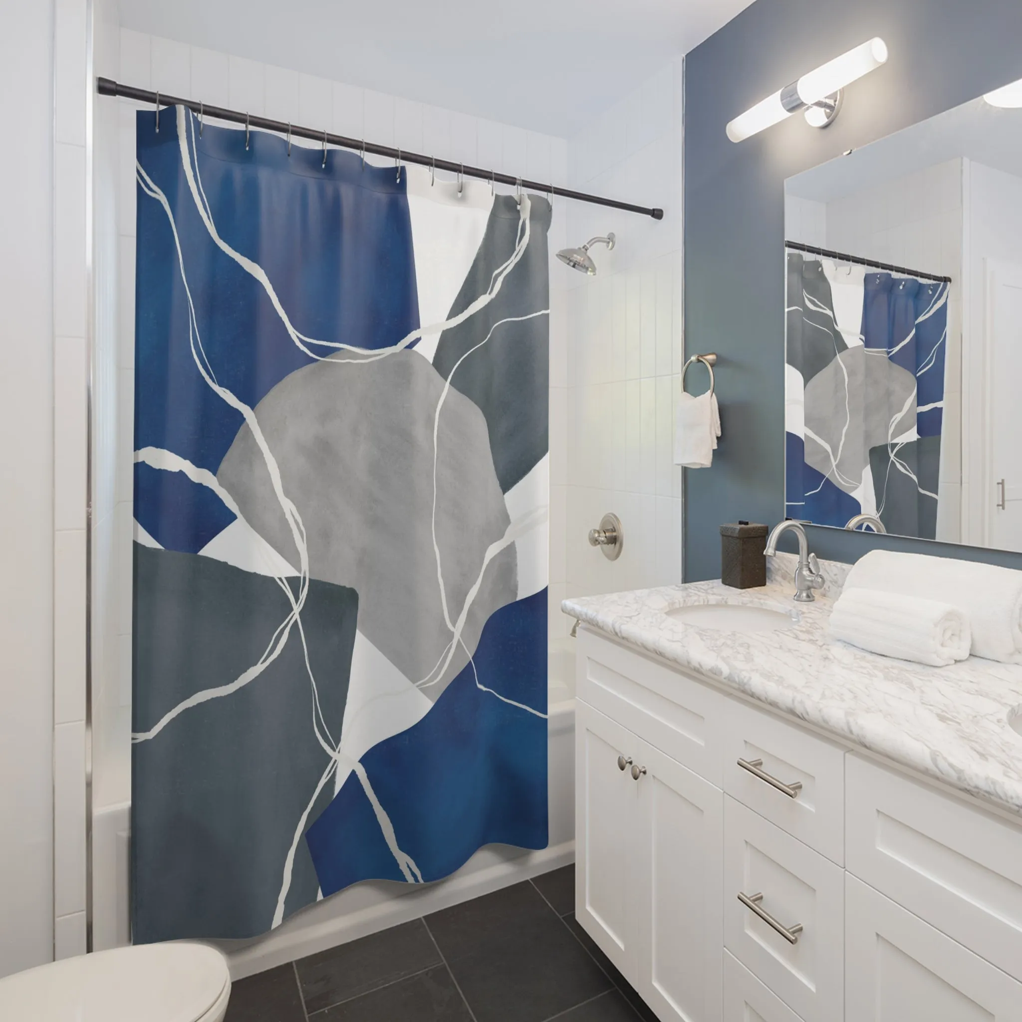 Modern Abstract Art Shower Curtain | Colorful Steel Grey, Indigo Blue White