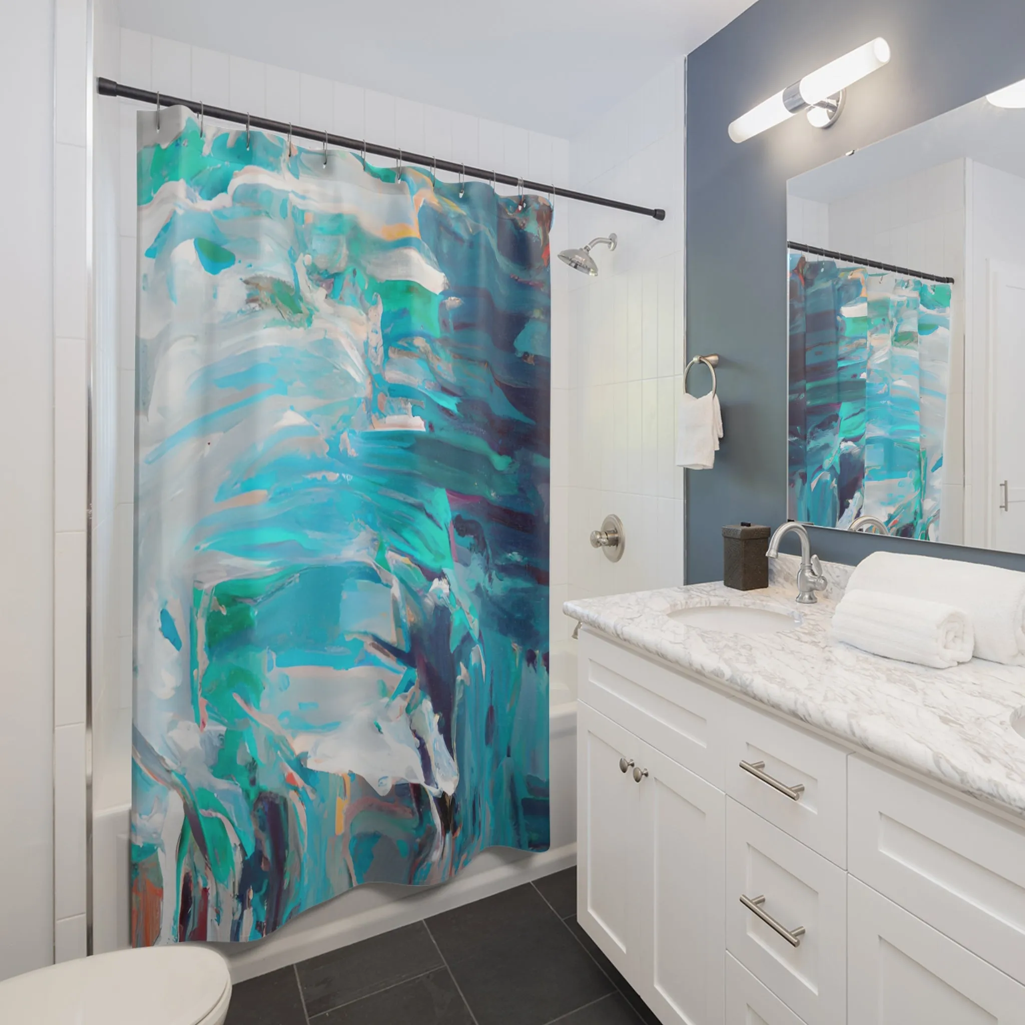 Modern Abstract Art Shower Curtain | Colorful Turquoise Navy Blue White