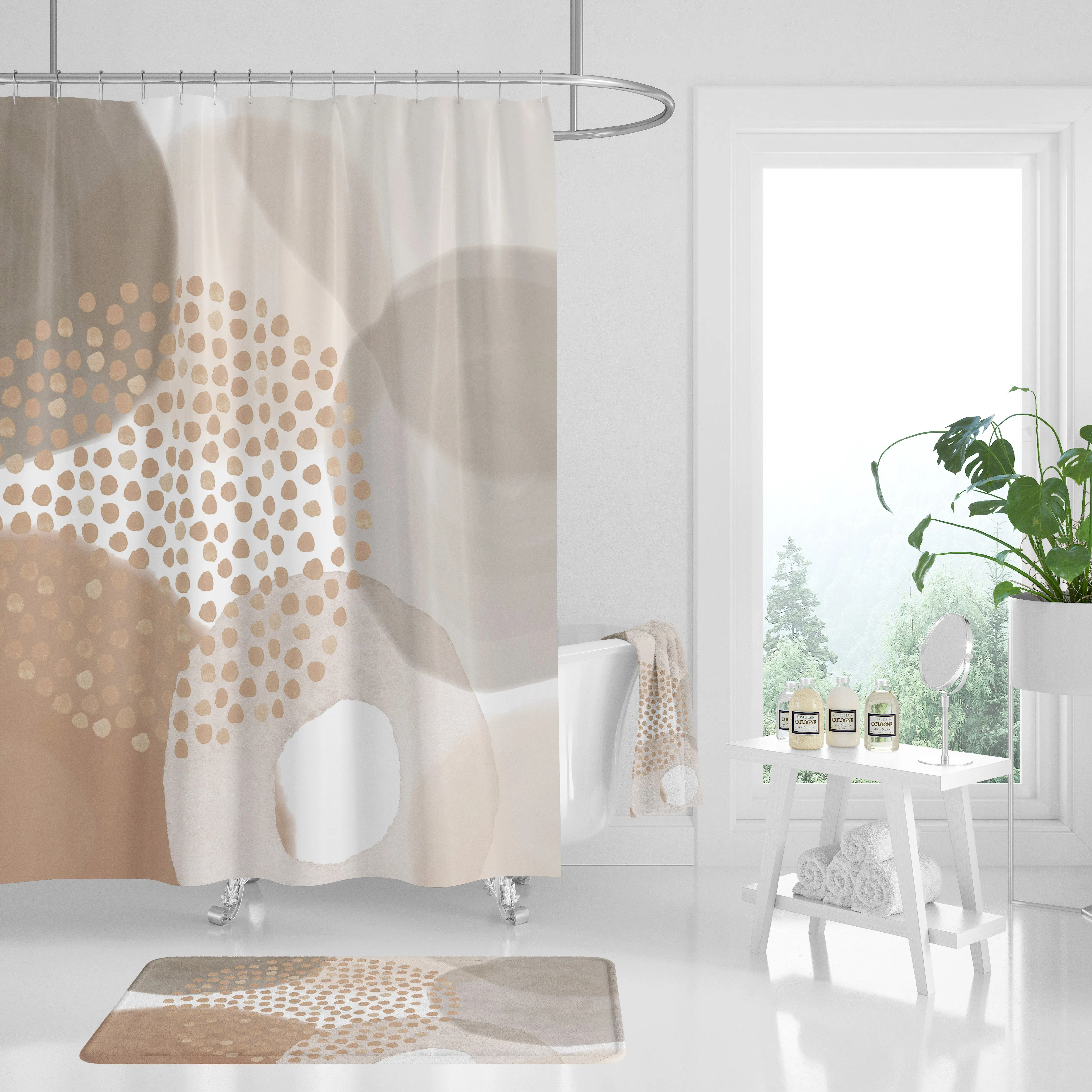 Modern Abstract Art Shower Curtain | Earthy Beige, Grey White