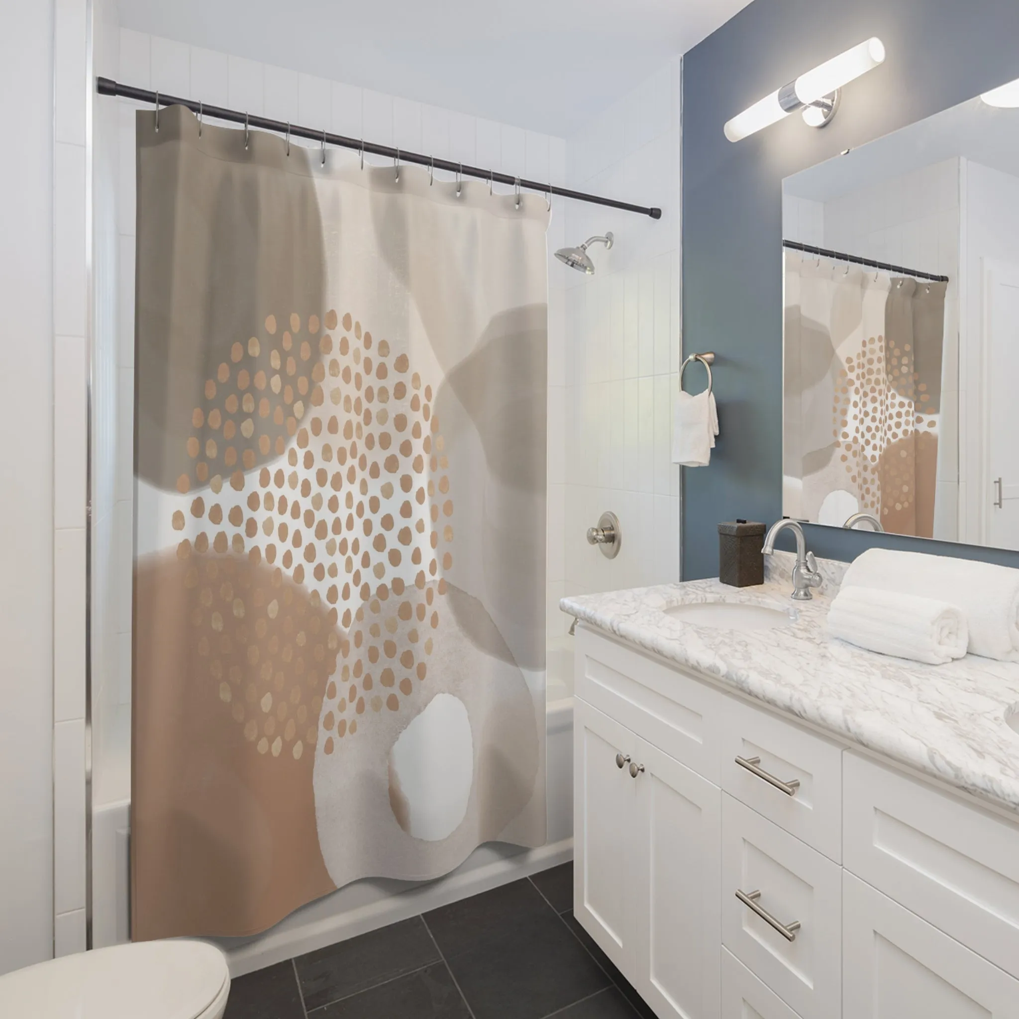 Modern Abstract Art Shower Curtain | Earthy Beige, Grey White