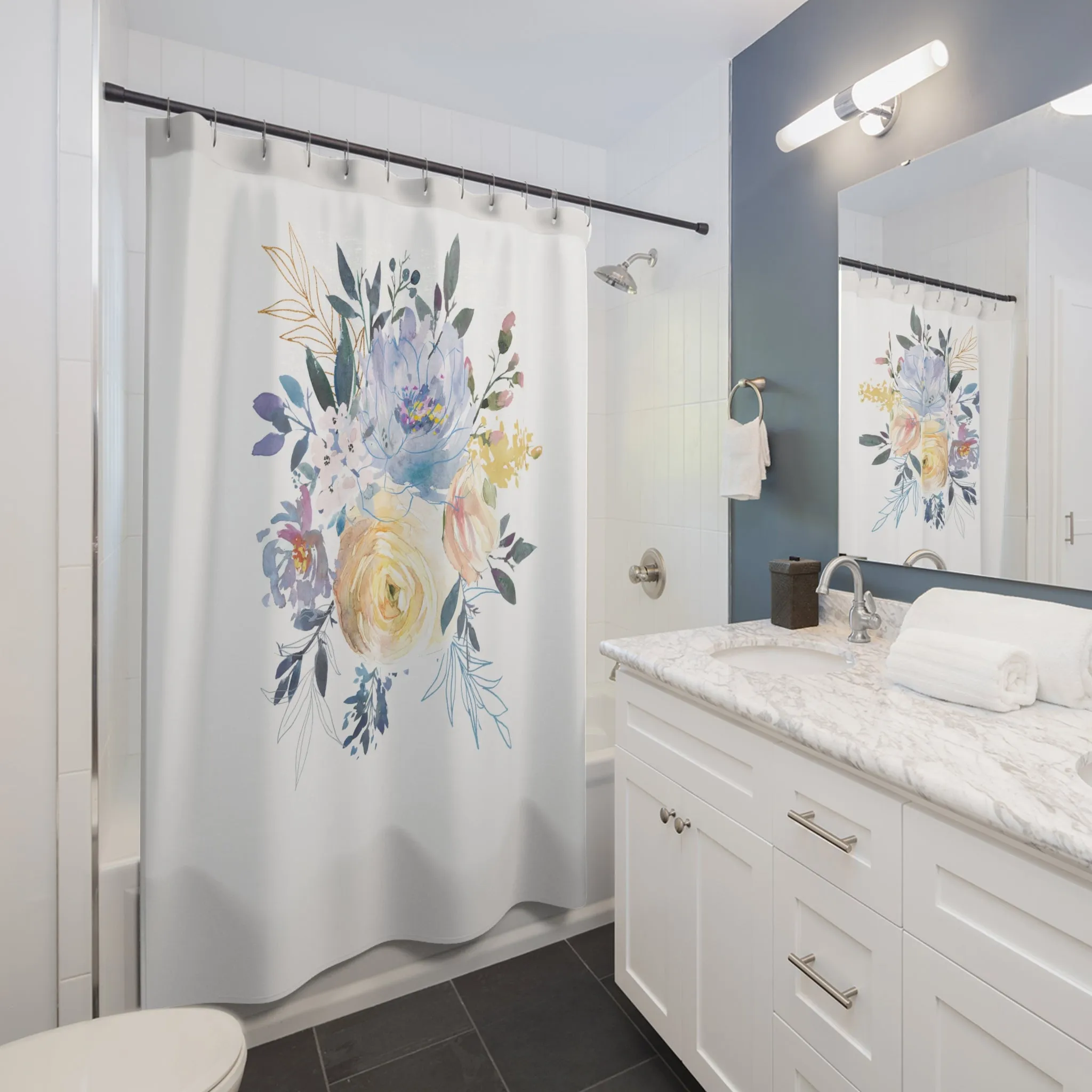 Modern Floral Shower Curtain | Blue Yellow, White Botanical