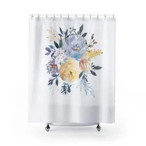 Modern Floral Shower Curtain | Blue Yellow, White Botanical Lighting,Home Lighting