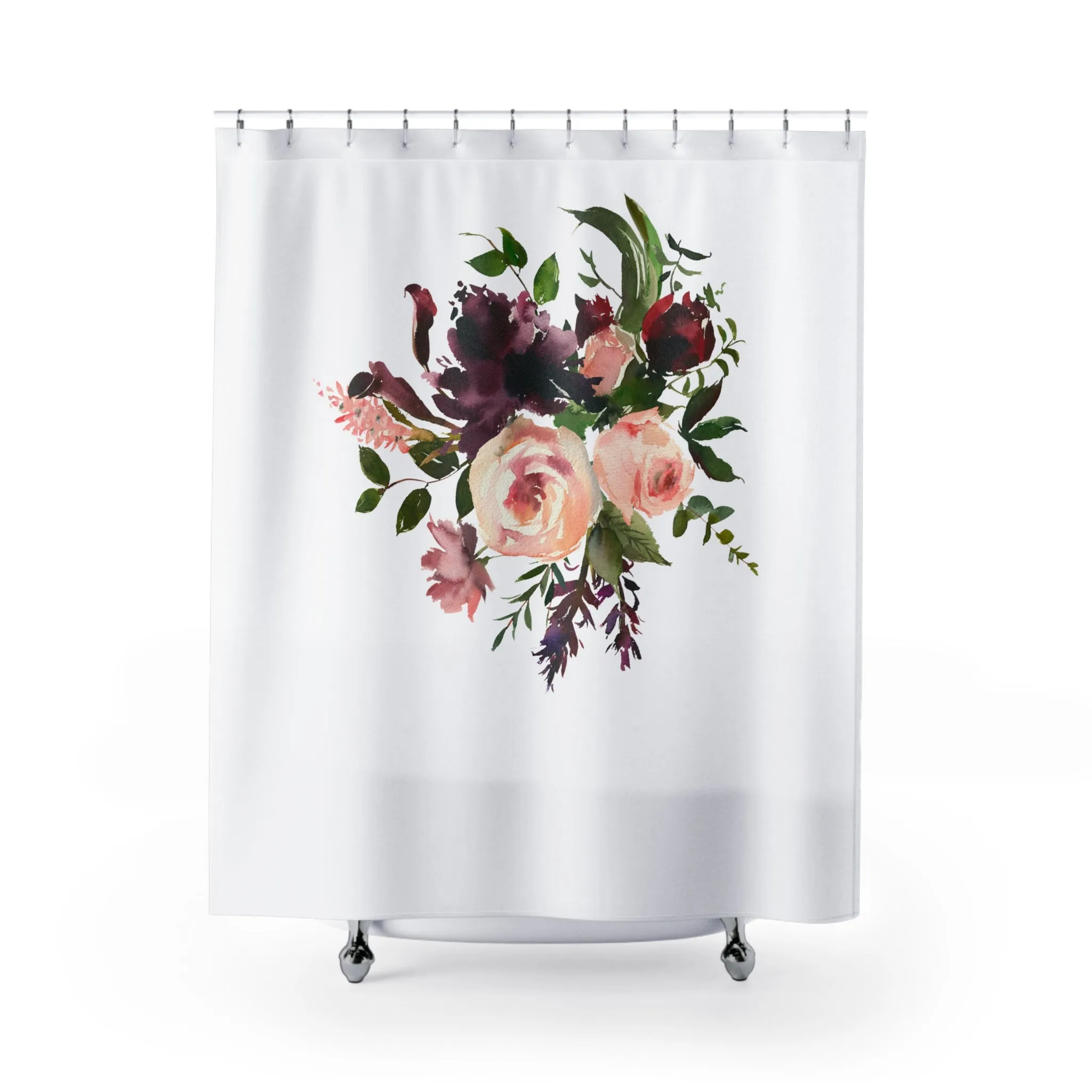 Modern Floral Shower Curtain | Burgundy Purple, Peach Green White Botanical Lighting,Home Lighting