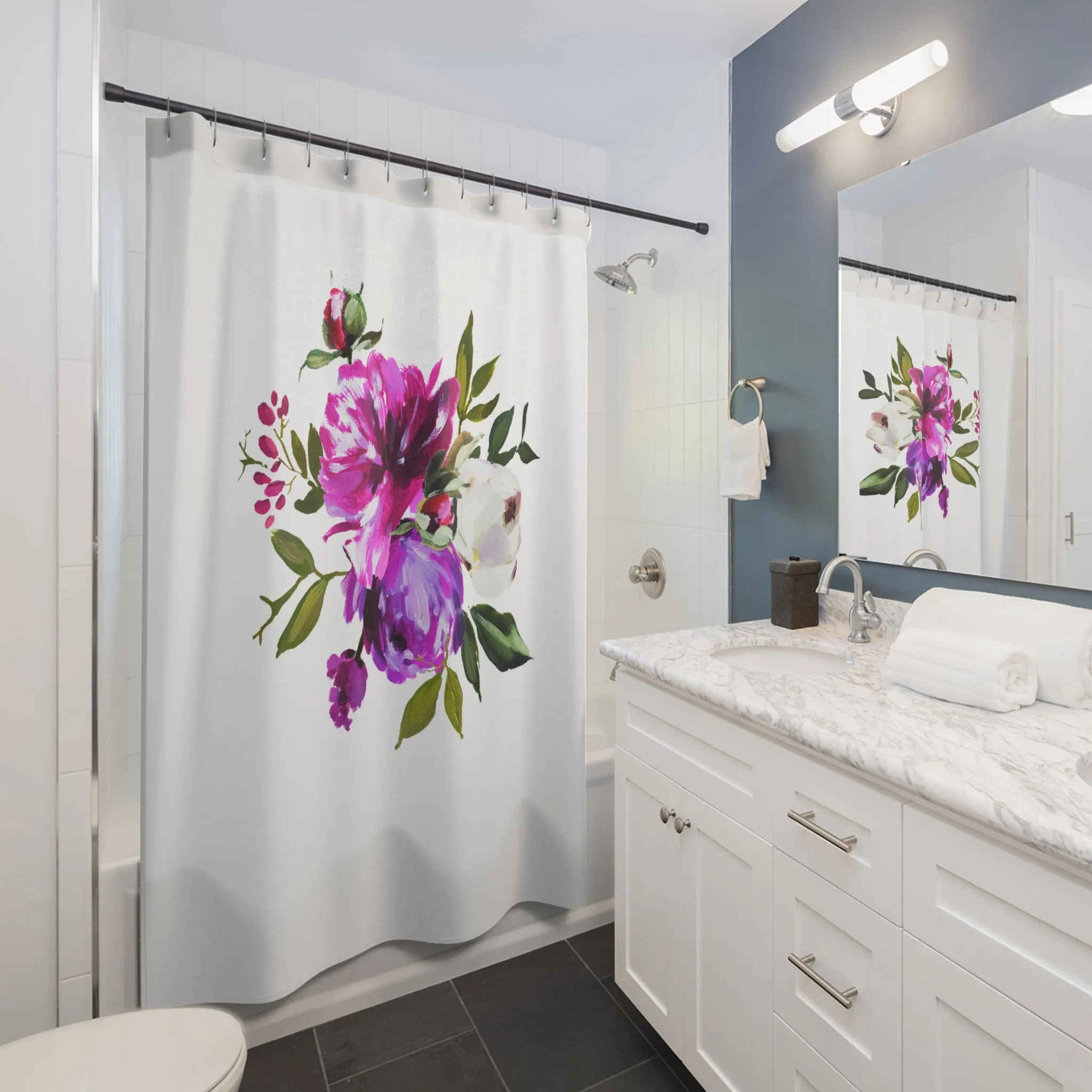 Modern Floral Shower Curtain | Pink Purple, Green Botanical