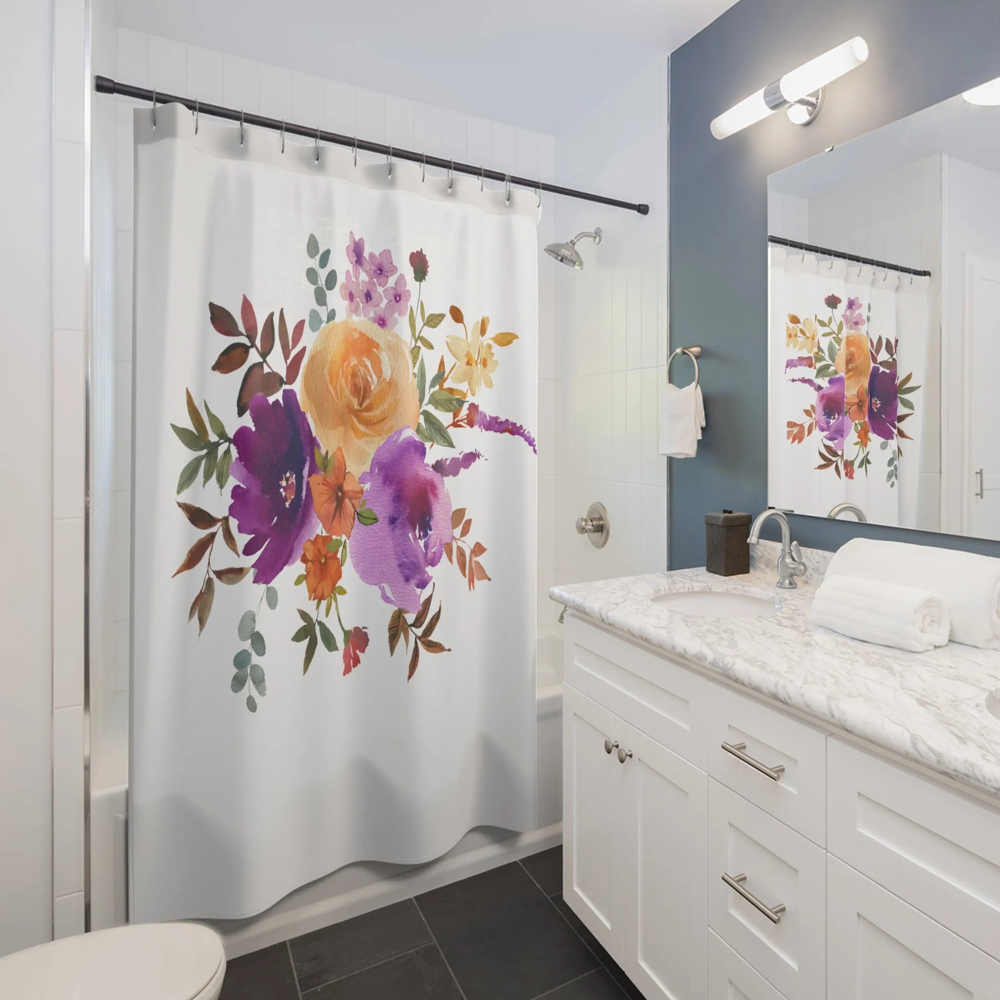 Modern Floral Shower Curtain | Purple and Orange Botanical