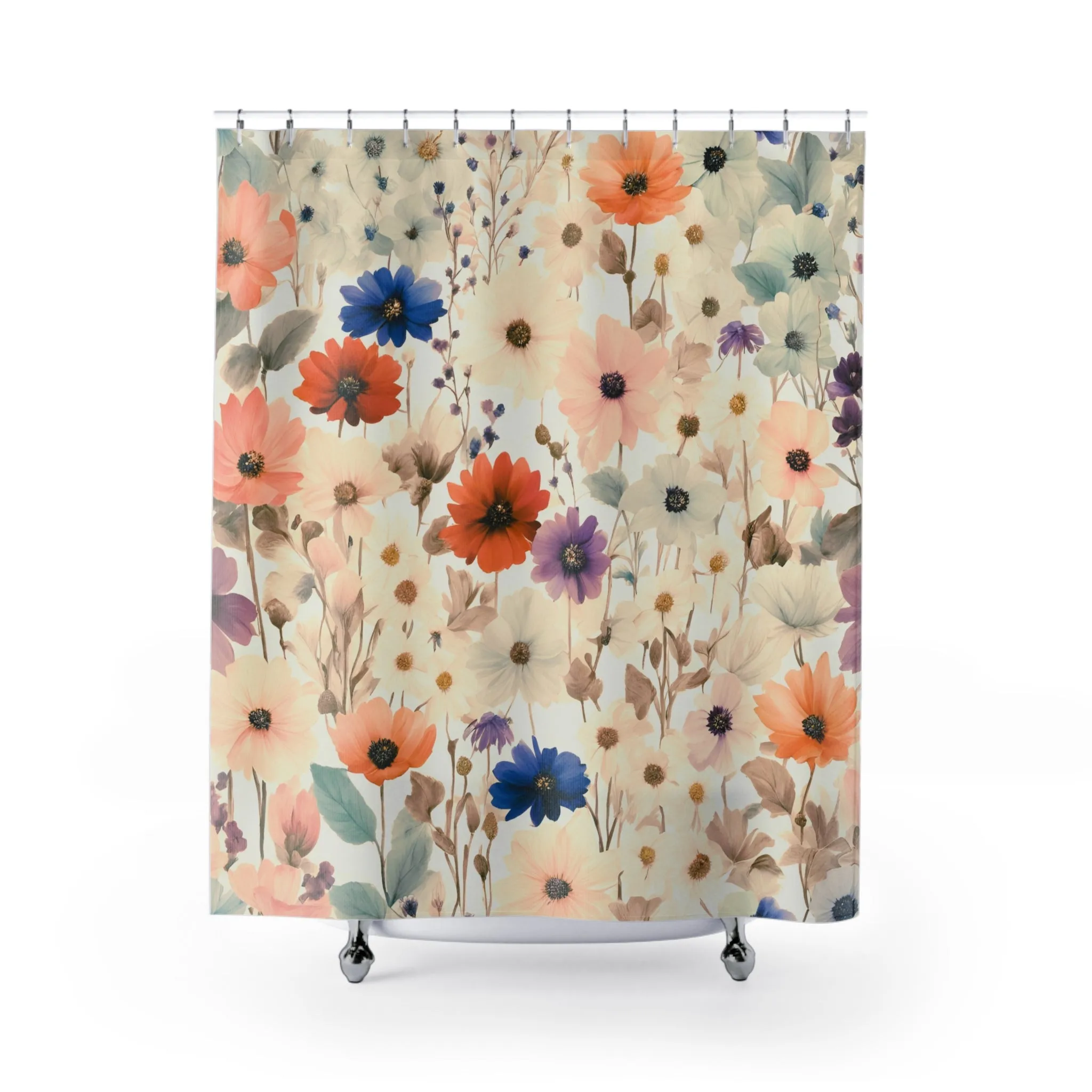 Modern Shower Curtain | Colorful, Beige Floral Bath Curtain