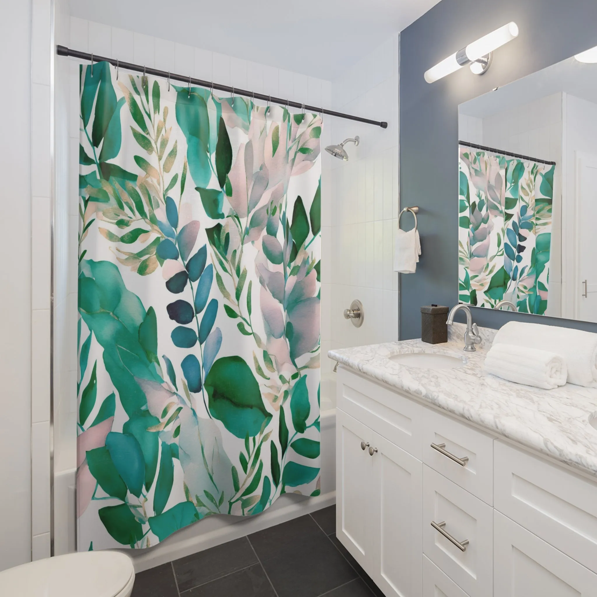 Modern Shower Curtain | Green Blue, Blush Pink Floral Bath Curtain