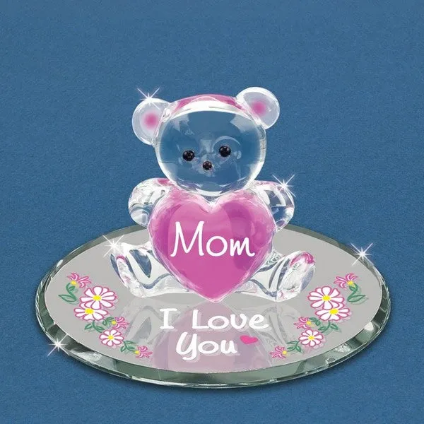 Mom I Love You Bear with Pink Heart Glass Figurine Decorative Mirror,Home Decor Mirror