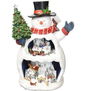 Musical Light Up Animated Snowman Statue with Dual Level Rotating Train and Santa's Sleigh 12" Decorative Mirror,Home Decor Mirror