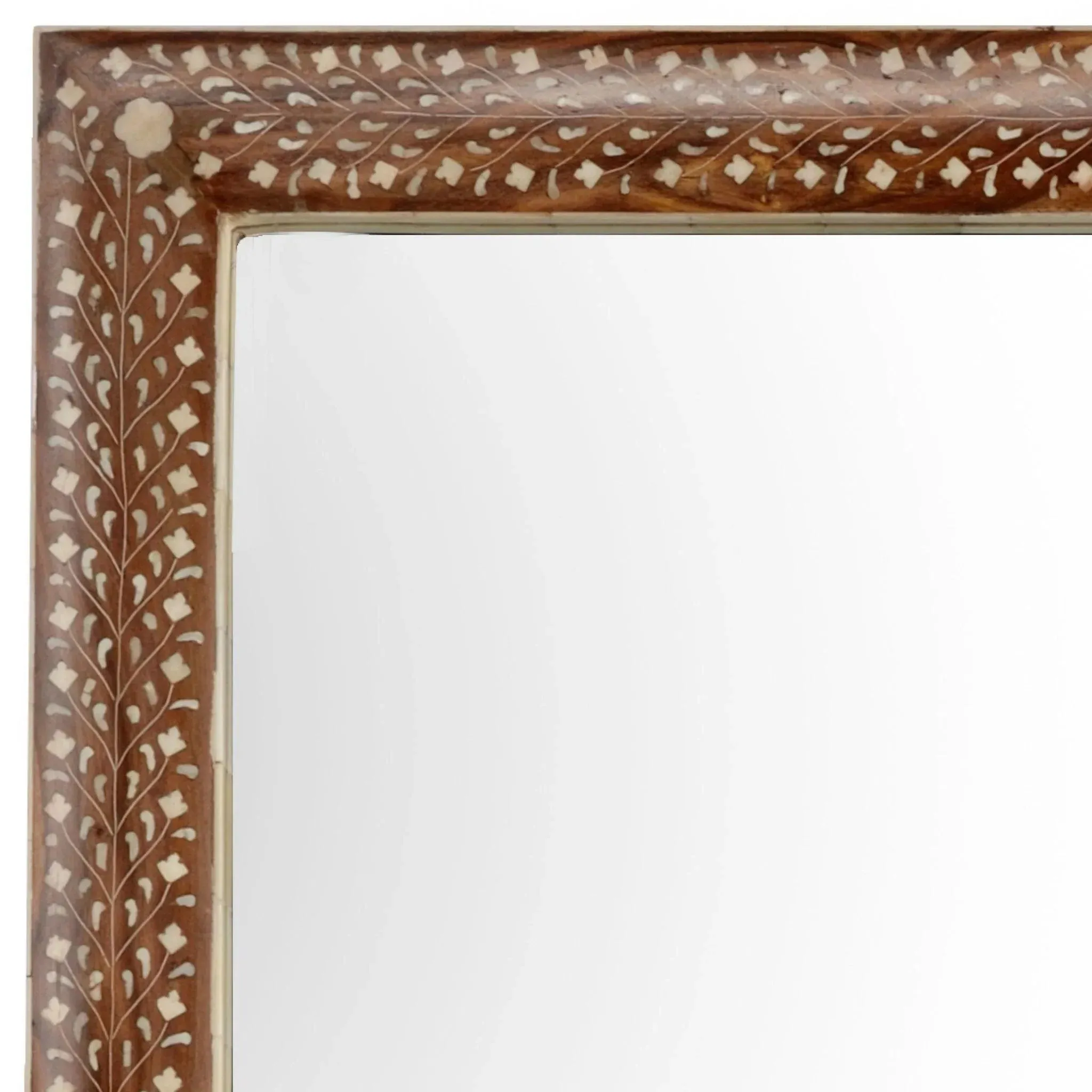 Natural Wood Frame Mirror with Floral and Vine Bone Inlay