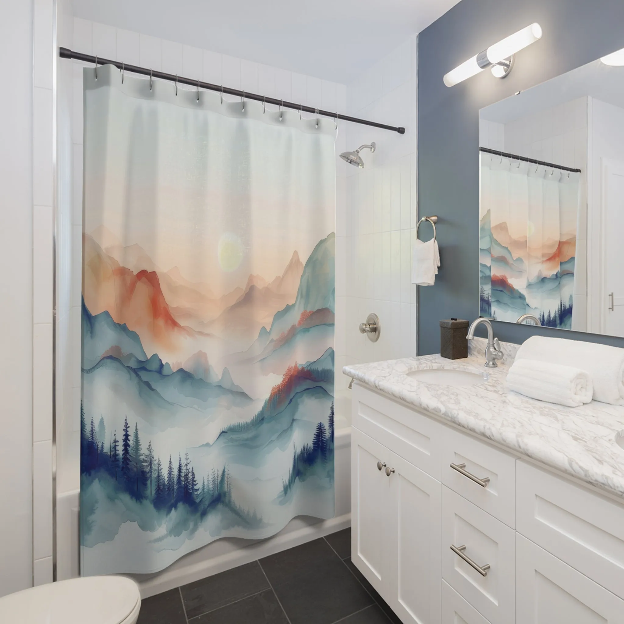 Nature Shower Curtain | Colorful Navy Blue, Rust Sunset