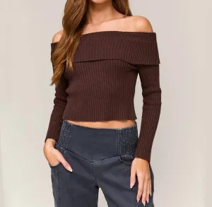 Off Shoulder Tie Back Ribbed Sweater In Brown