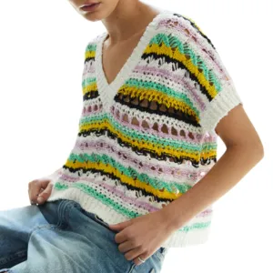 Open-Stitch Cropped V Sweater In Bright Combo