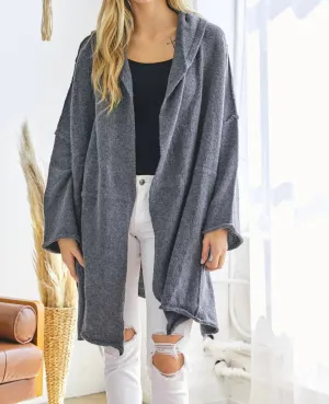 Oversized Open Cardigan With Hood In Charcoal