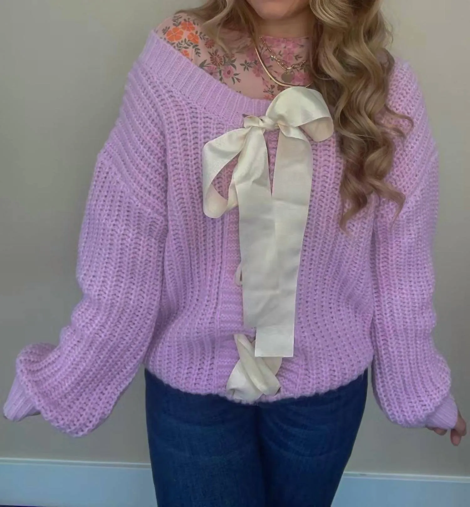 Oversized Reversible Chunky Knit Sweater In Lavender