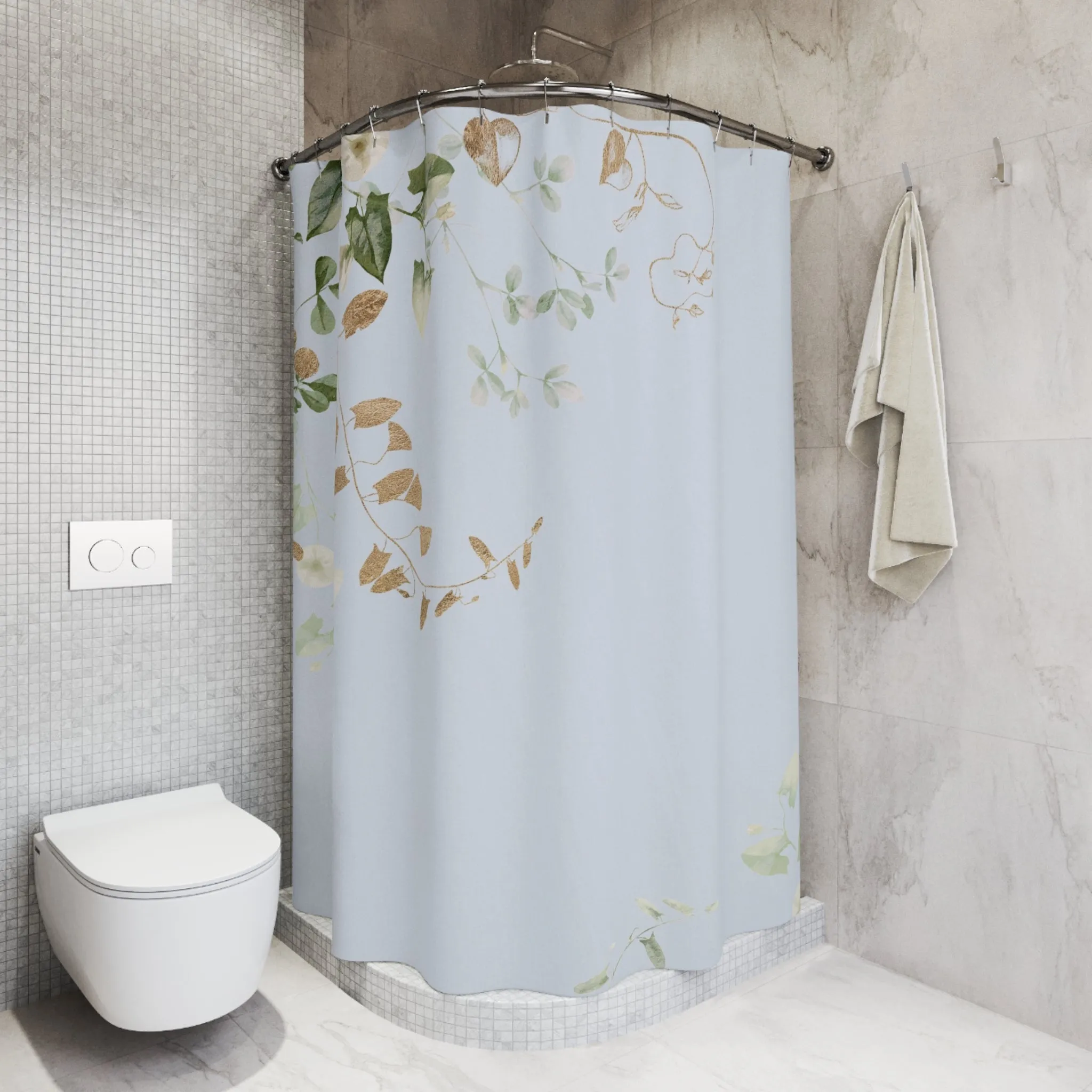 Pale Blue Shower Curtain | Floral, Beige Green Vine Leaves