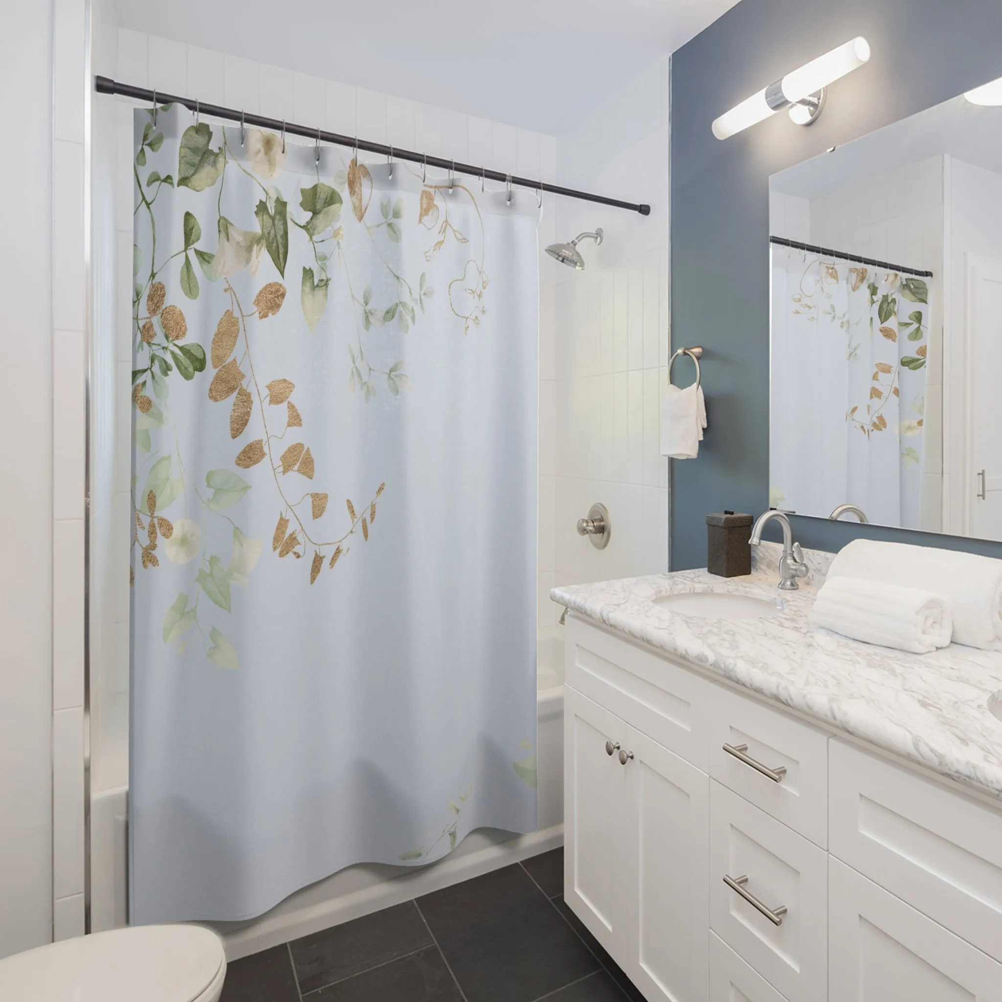 Pale Blue Shower Curtain | Floral, Beige Green Vine Leaves