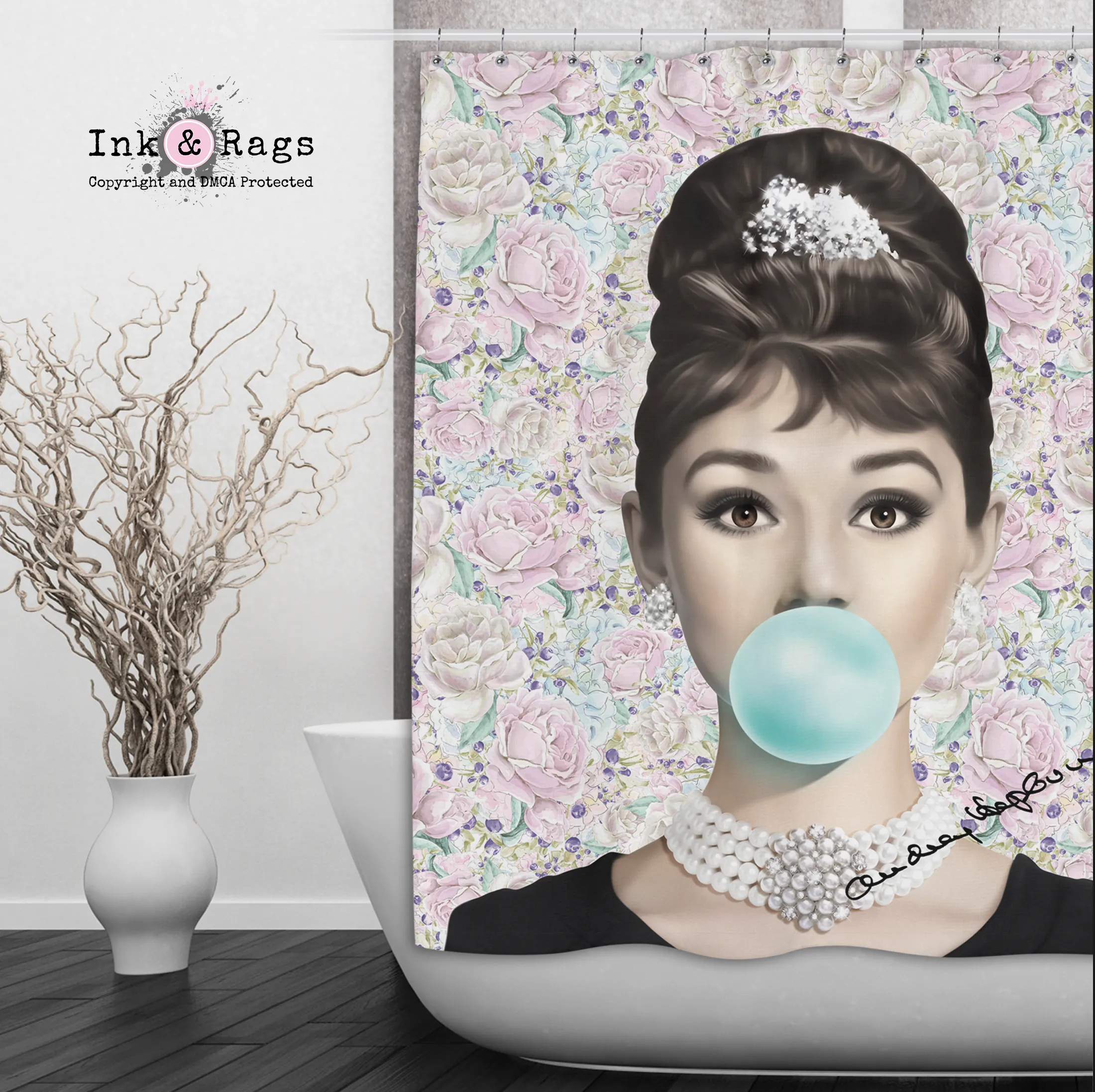 Pastel Rose Audrey Hepburn Shower Curtains and Optional Bath Mats Lighting,Lamps Fixtures