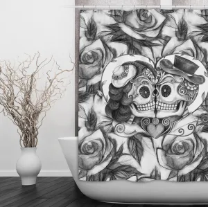 Pencil Sketch Rose Kissing Couple Sugar Skull Shower Curtains and Optional Bath Mats Lighting,Lamps Fixtures