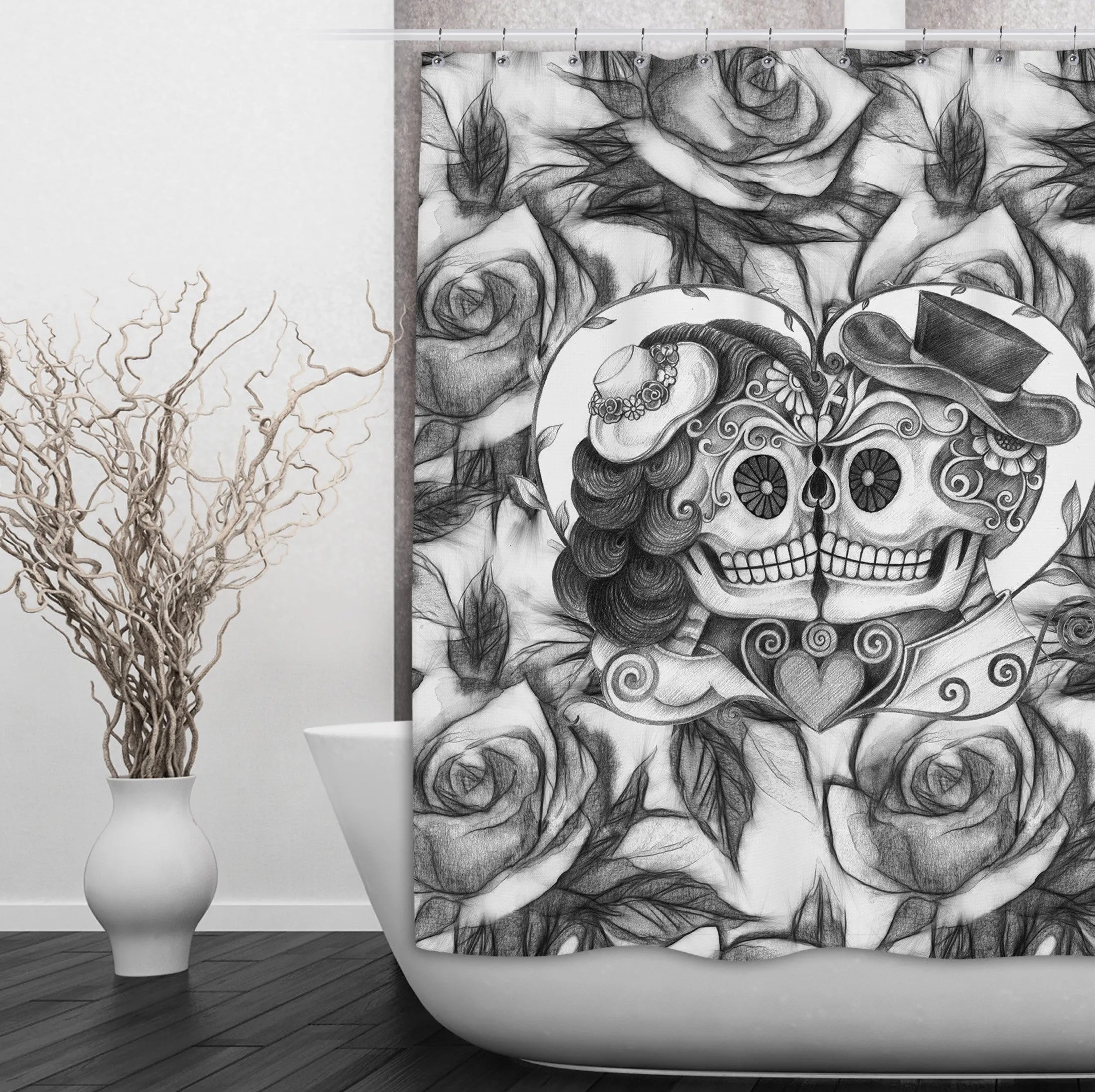 Pencil Sketch Rose Kissing Couple Sugar Skull Shower Curtains and Optional Bath Mats Lighting,Lamps Fixtures