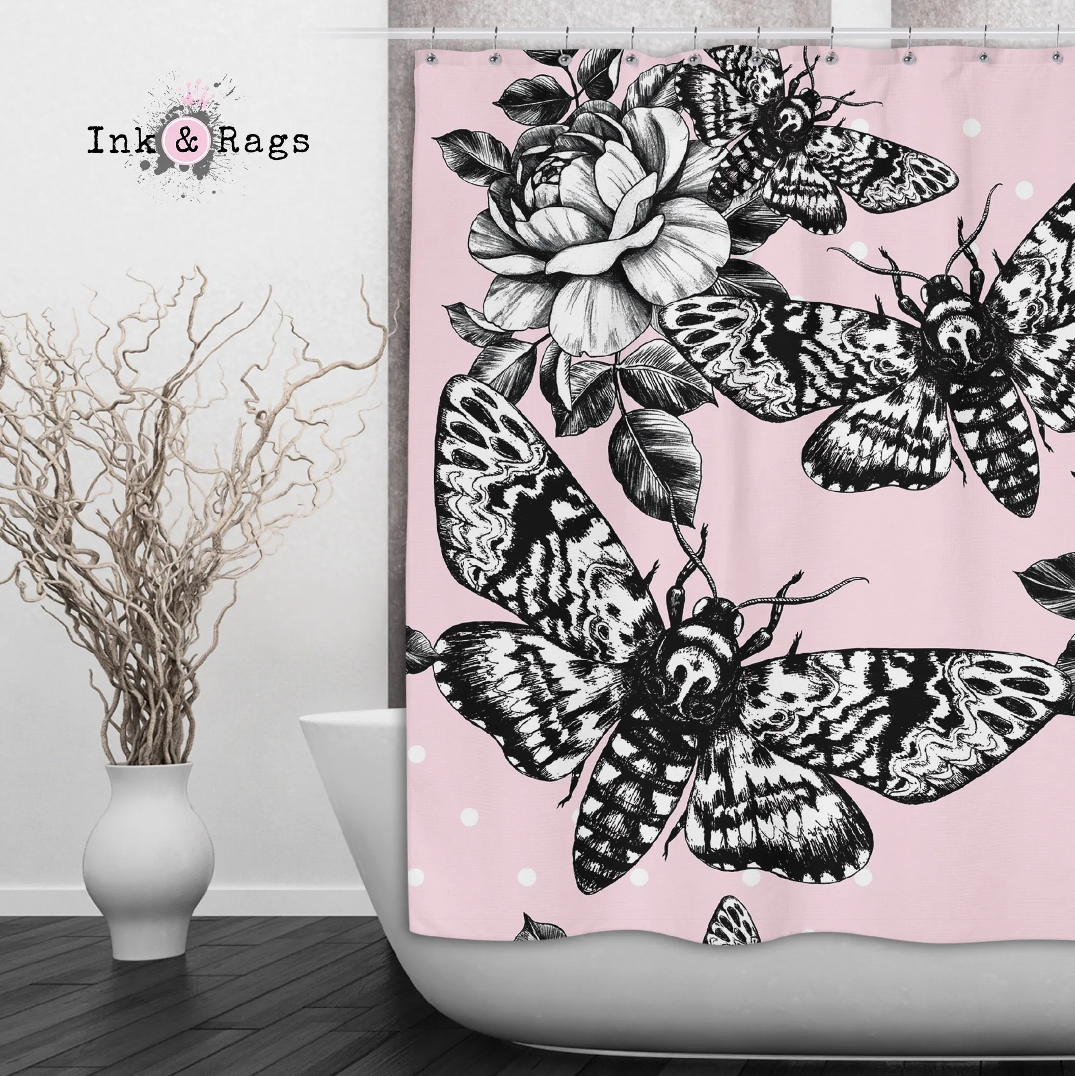 Pink Death Head Moth Skull and Rose Shower Curtains and Optional Bath Mats Lighting,Lamps Fixtures