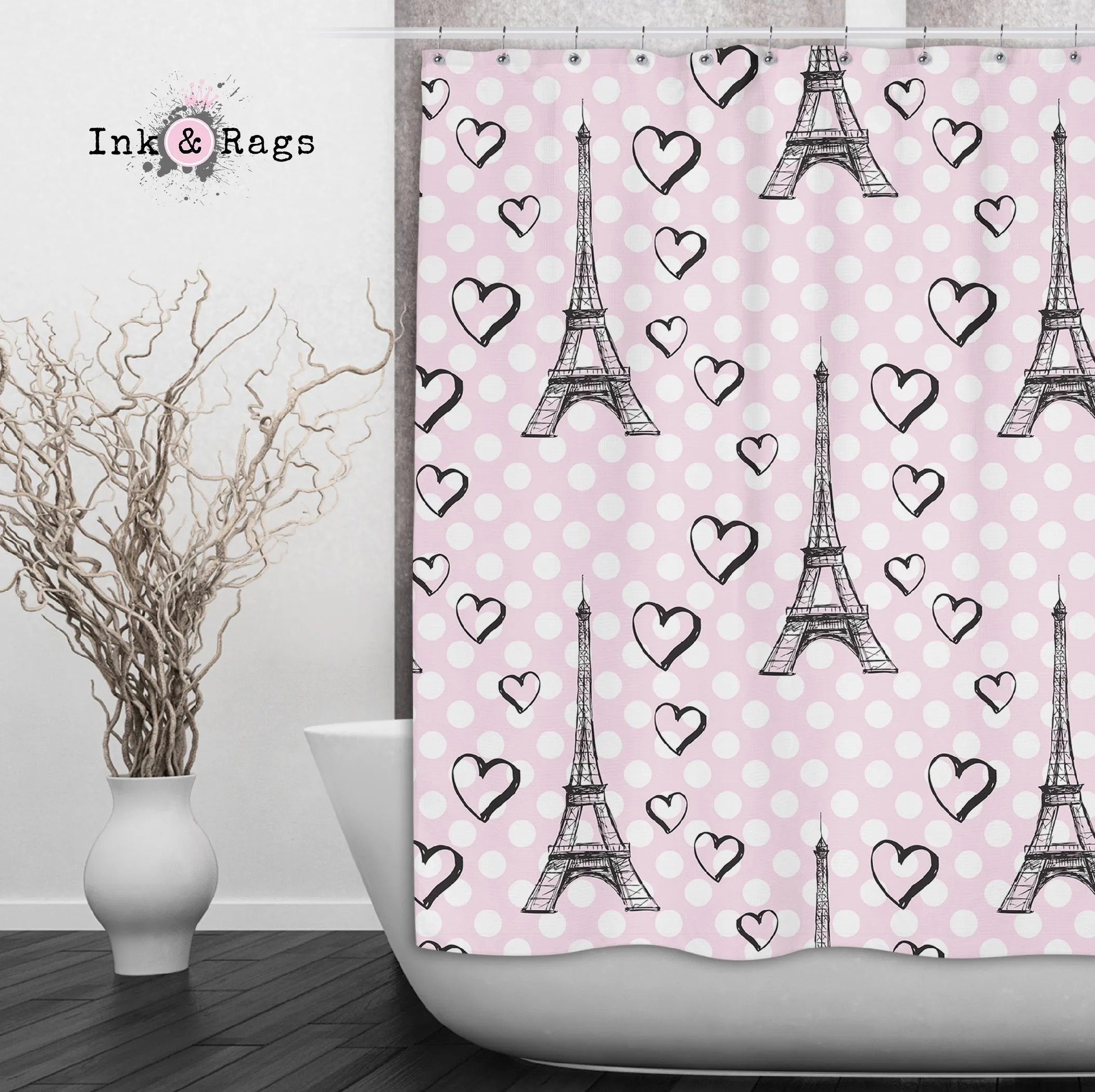 Pink Dot Love Paris Eiffel Tower Shower Curtains and Optional Bath Mats Lighting,Lamps Fixtures