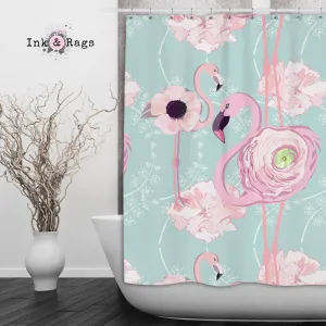 Pink Flower Flamingos on Blue Shower Curtains and Optional Bath Mats Lighting,Lamps Fixtures