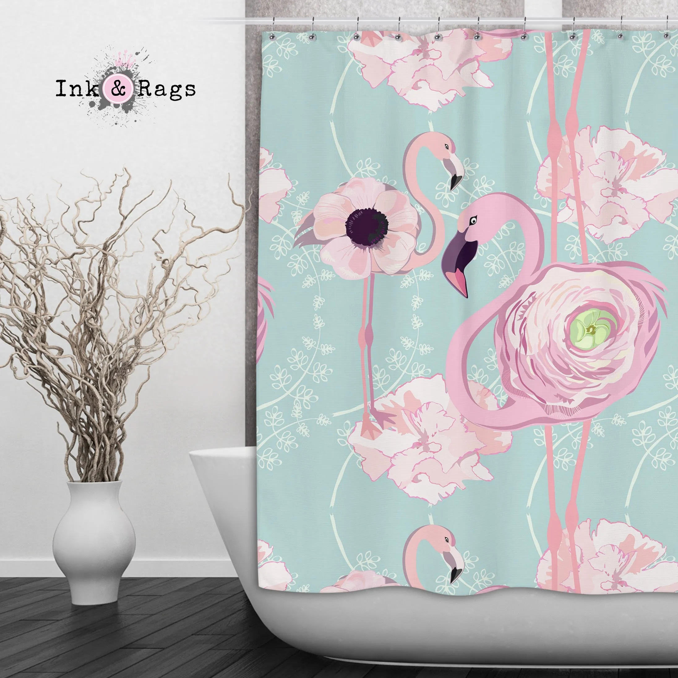 Pink Flower Flamingos on Blue Shower Curtains and Optional Bath Mats Lighting,Lamps Fixtures