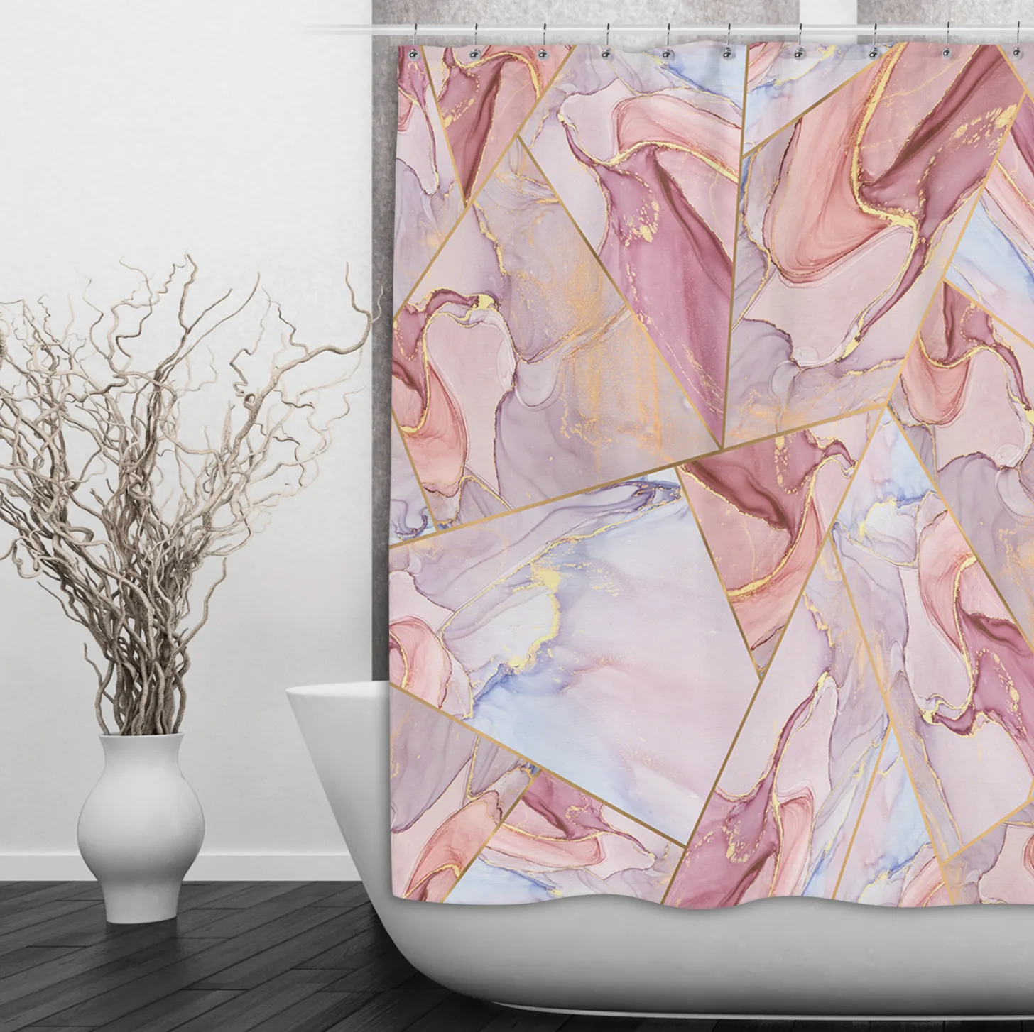 Pink Gold Geometric Stained Glass Shower Curtains and Optional Bath Mats Lighting,Lamps Fixtures