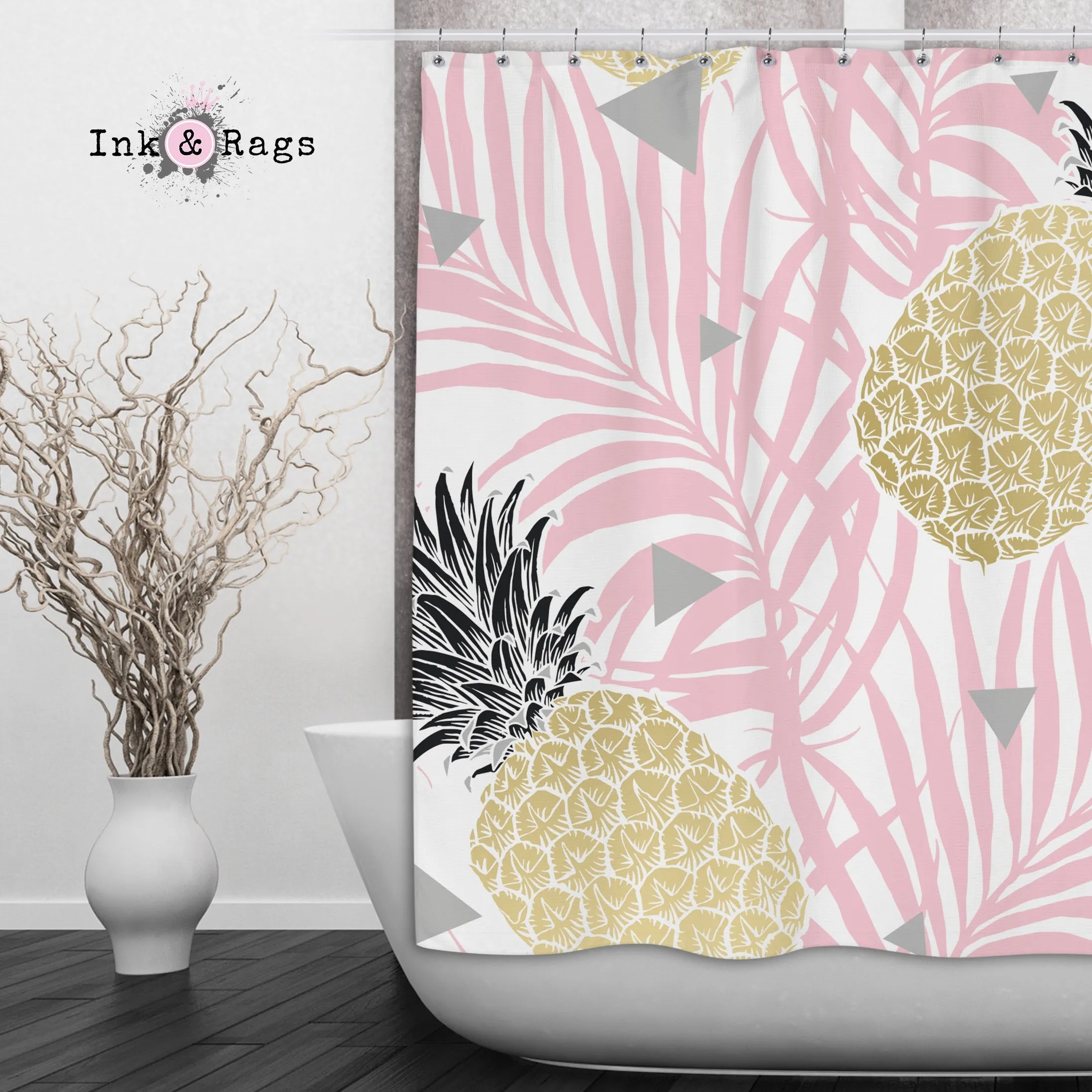 Pink Palm Geometric Pineapple Shower Curtains and Optional Bath Mats Lighting,Lamps Fixtures