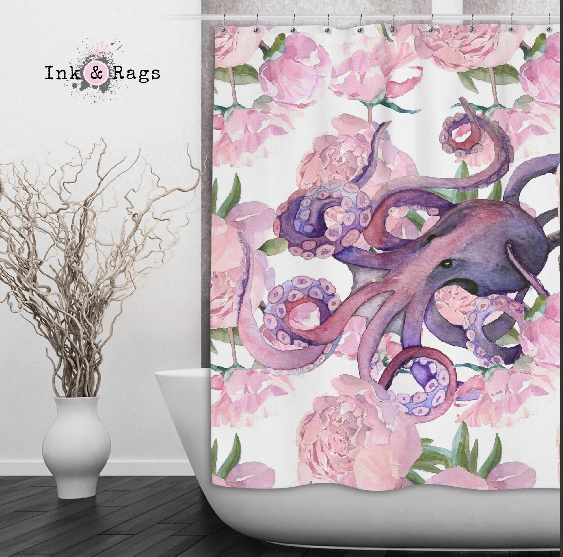 Pink Peony Purple Octopus Shower Curtains and Optional Bath Mats Lighting,Lamps Fixtures