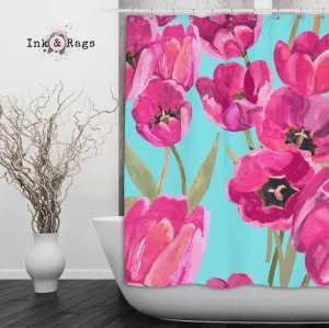 Pink Poppy and Turquoise Shower Curtains and Optional Bath Mats Lighting,Lamps Fixtures