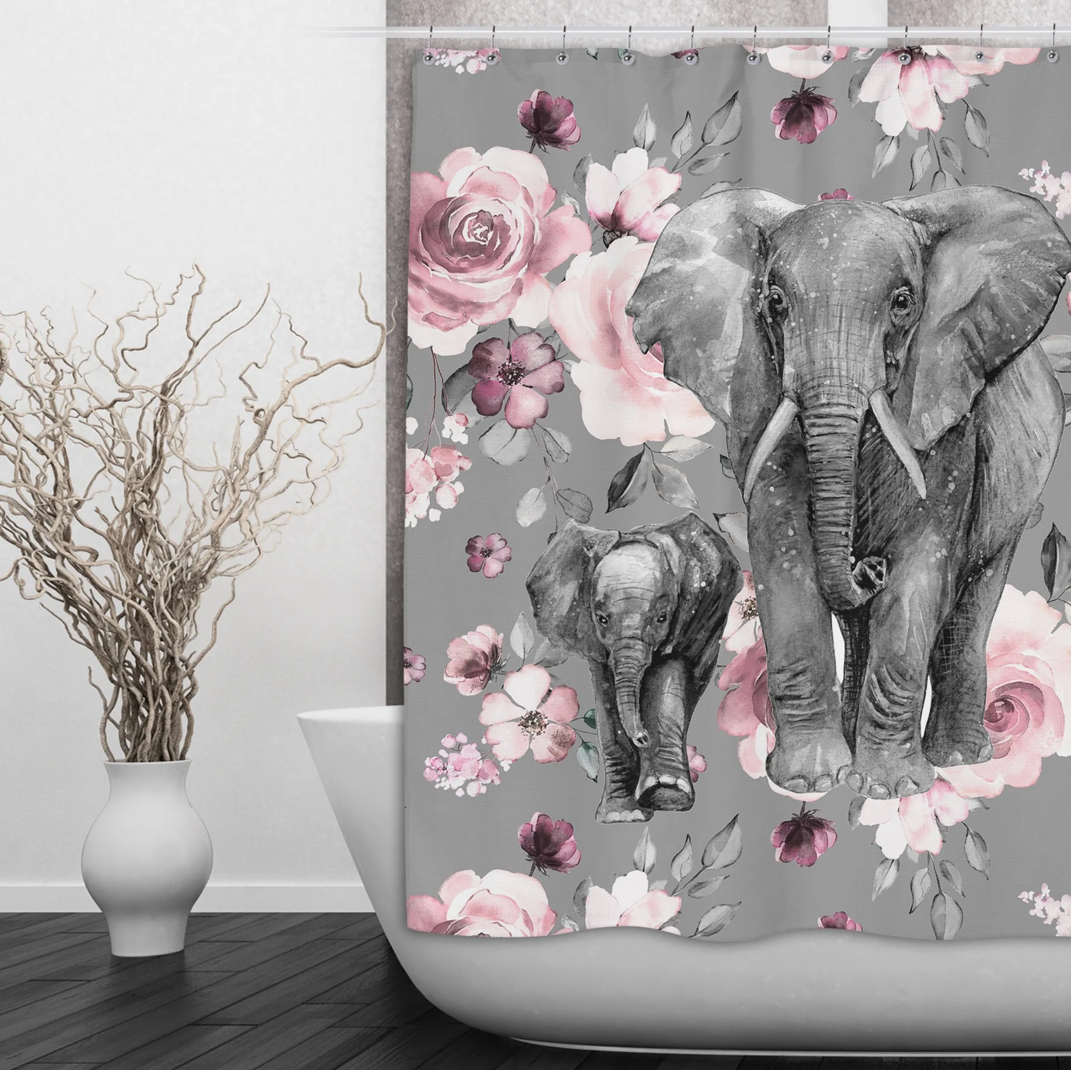 Pink Rose Mama and Baby Elephant Shower Curtains and Optional Bath Mats Lighting,Lamps Fixtures