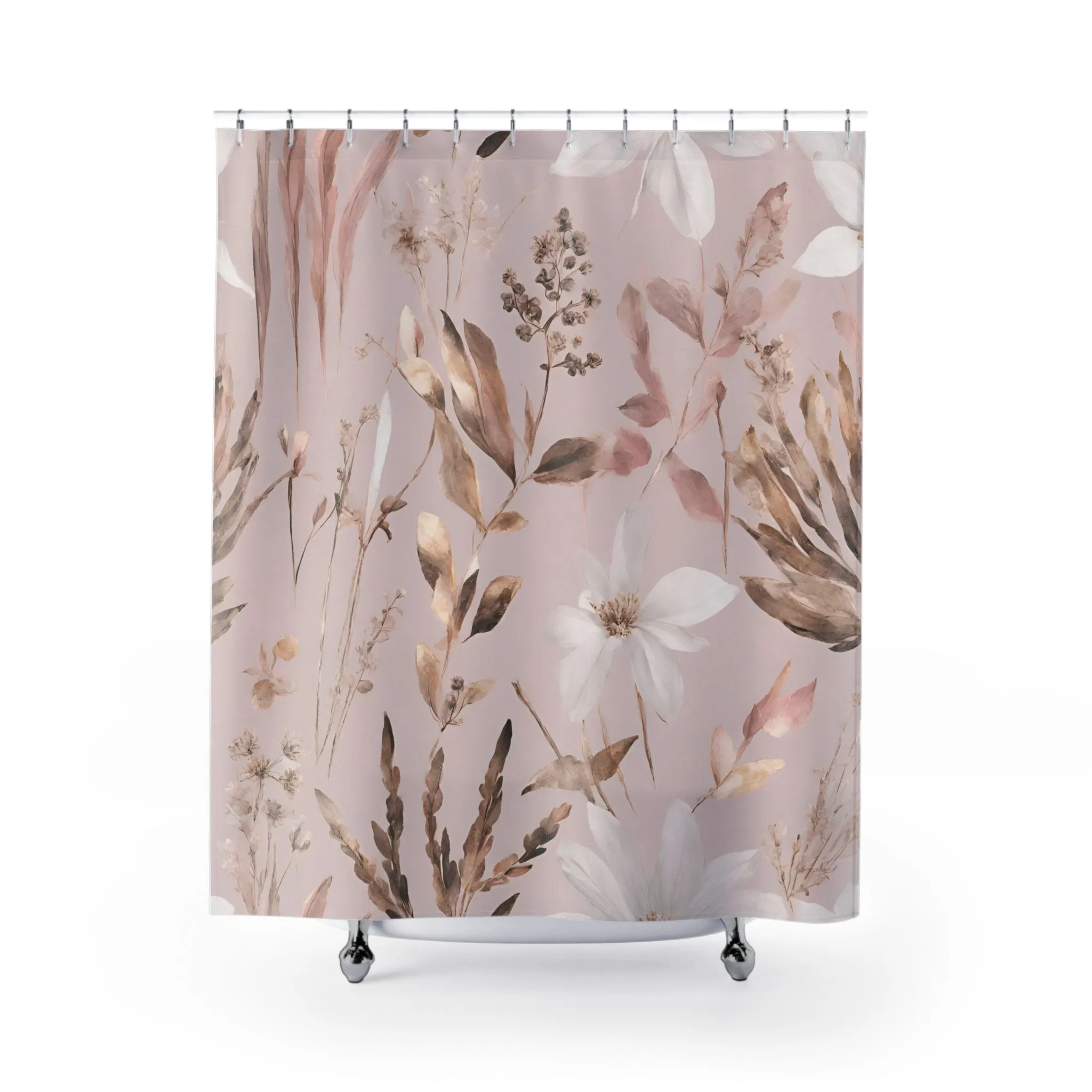 Pink Shower Curtain | Floral, Muted Gold Botanical Lighting,Home Lighting