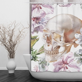 Pink and White Watercolor Flower Skull Shower Curtains and Optional Bath Mats Lighting,Lamps Fixtures